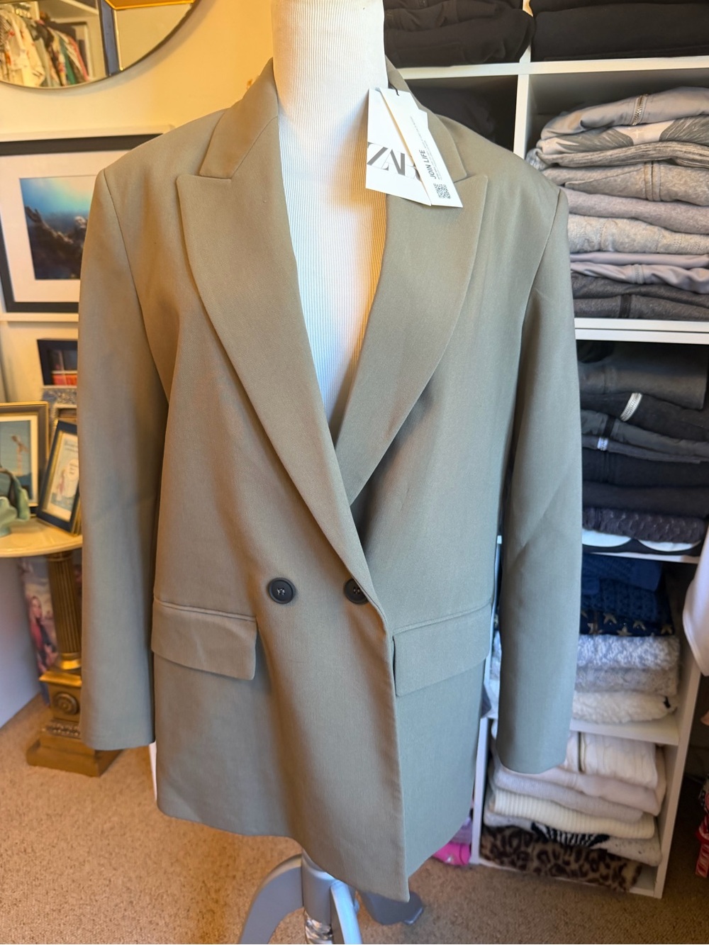Zara Light Olive Taupe Double-Breasted Blazer
